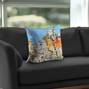 Begin Home Decor C1PT1818AVXBJ0 18 x 18 in. Small Houses in Greece - Exotic Poly Twill Throw Pillow