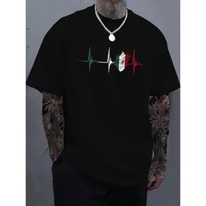 Regular Fit Heartbeat & Mexico Flag Print Round Neck T-Shirt Casual Fashion Top Tee For Daily Wear Made In USA For Women For Men [Urbanvoice Decay.US 180G/230G 100% cotton short-sleeve/hoodie, soft and comfortable]