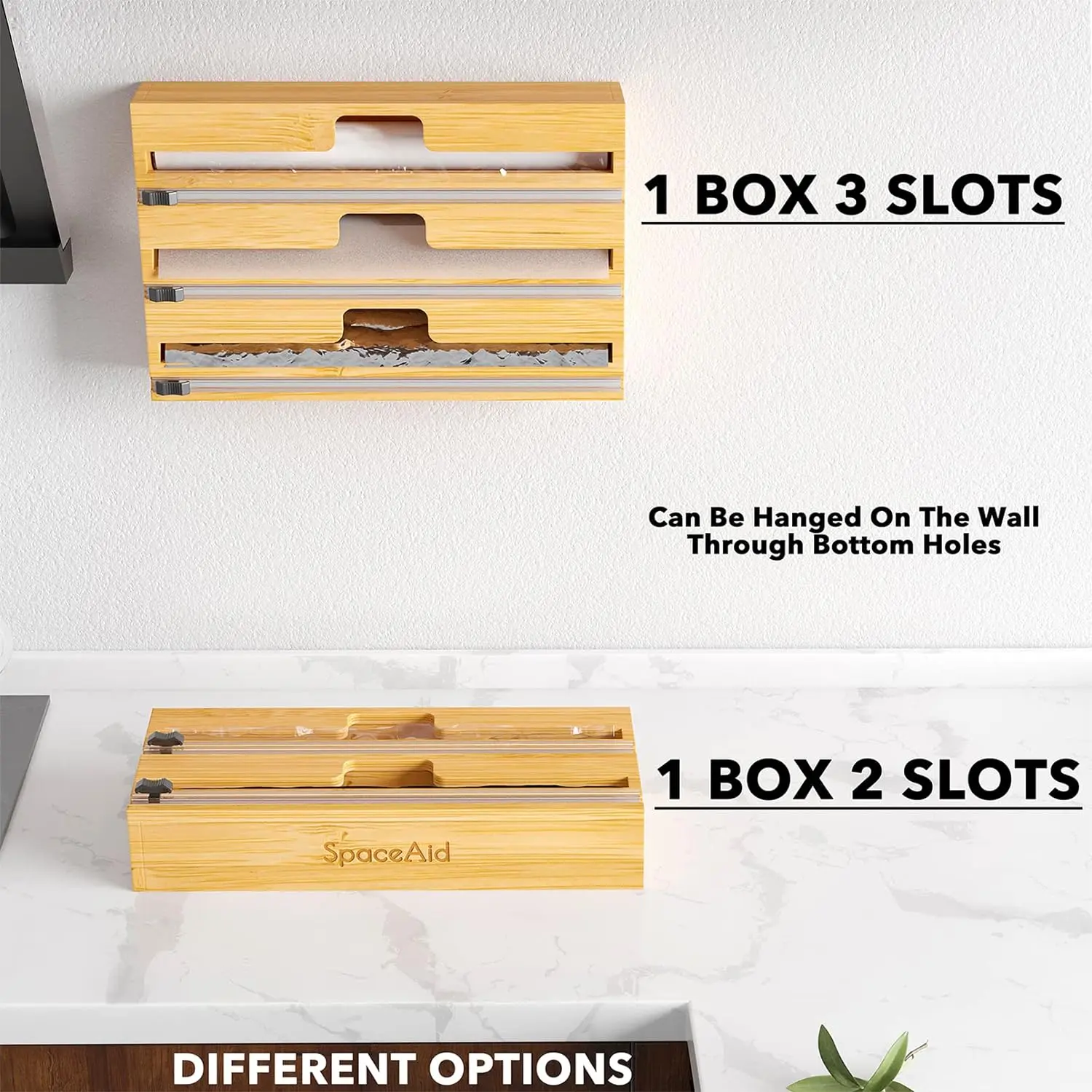 3-in-1 Bamboo Wrap Organizer with Cutter & Labels, Kitchen Storage Holder for Plastic Wrap, Aluminum Foil & Wax Paper, Fits 12” Rolls, Natural Wood Finish SpaceAid