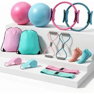 Pilates Equipment Kit for Home Workout Pilates Ring and Ball Set for Women 12'' Circle Yoga Fitness Essentials Kit with Resistance Bands, Yoga Strap, Socks,Bag