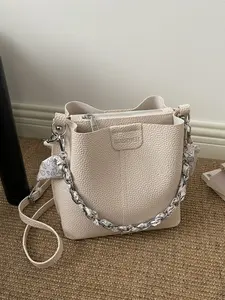 Elegant Large Capacity Bucket Bag, Scarf Decoration Chain, Casual Shoulder Crossbody Bag, Perfect for Shopping and Commuting
