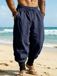 European and American Best-Selling Men's Linen Pants - Summer Casual Loose Drawstring Ankle Harem Pants Lightweight Breathable Streetwear Trendy Beach Long Trousers