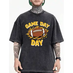 Mens Oversized Vintage Wash Black Football TShirt Featuring Game Day Print Drop Shoulder Crew Neck Casual Streetwear for Sports Enthusiasts Perfect for Tailgating and AllSeason Comfort