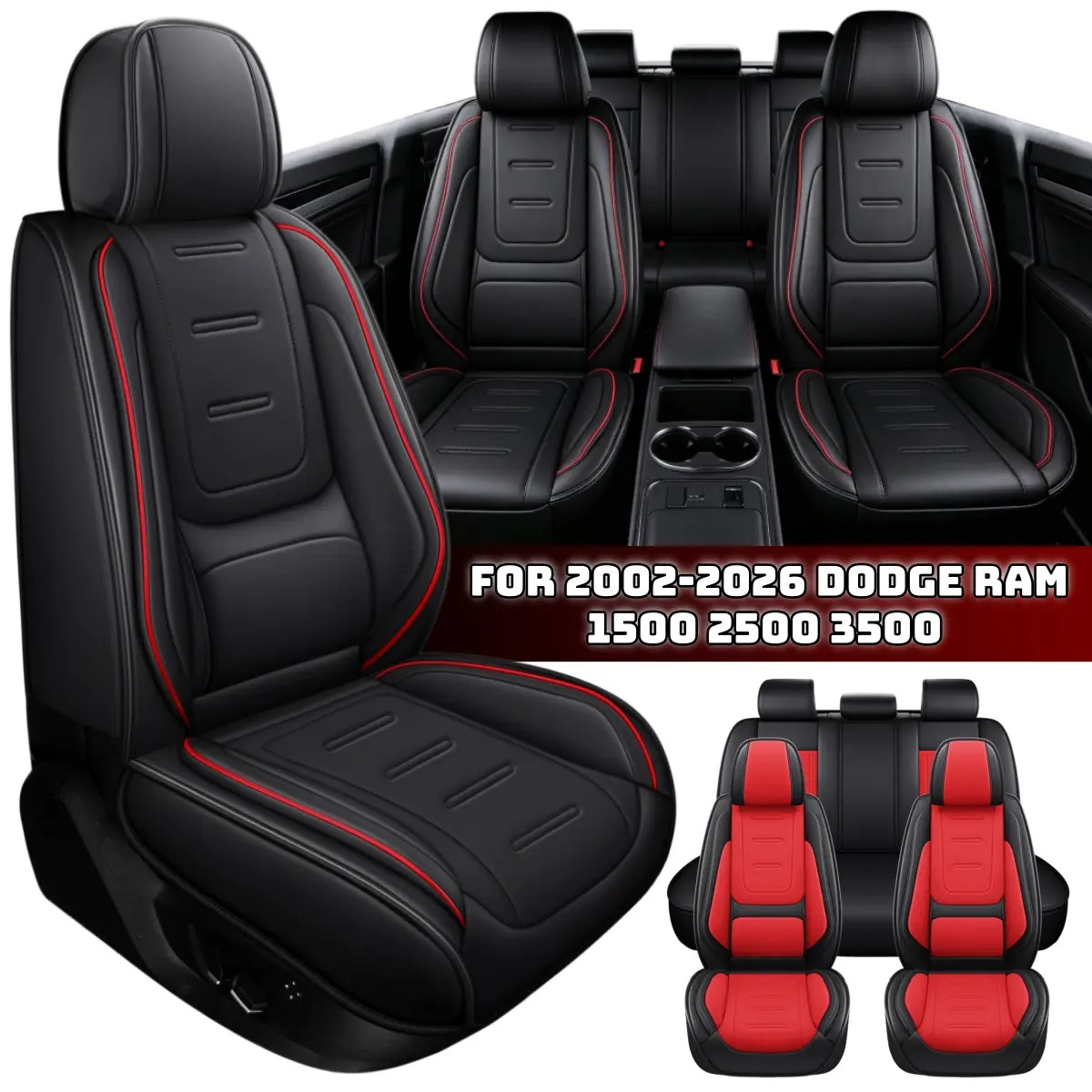 PU Leather 5-Seat Full Set Covers for 2002-2026 Dodge RAM 1500/2500/3500 Pickup Trucks, 2*Front Seat Covers, 3D Waist Pillow, Waterproof Breathable Non-Slip Car Cushion Protector, Storage Bag, 4 Seasons Universal Fit