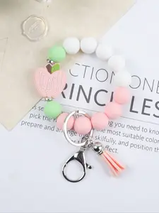Teacher Exclusive Sweet Beaded Keychain, Silicone Apple Shape Pendant with Short Fringe, Anti-Loss Key Ring, Teacher's Day Gift