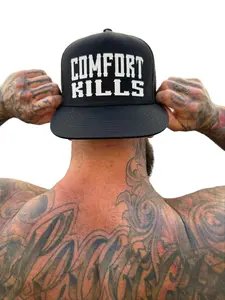 TheDriveClothing Comfort Kills Black Flat Bill Hat – Snapback, White Print, Structured Design, Mesh Backing, Streetwear Cap