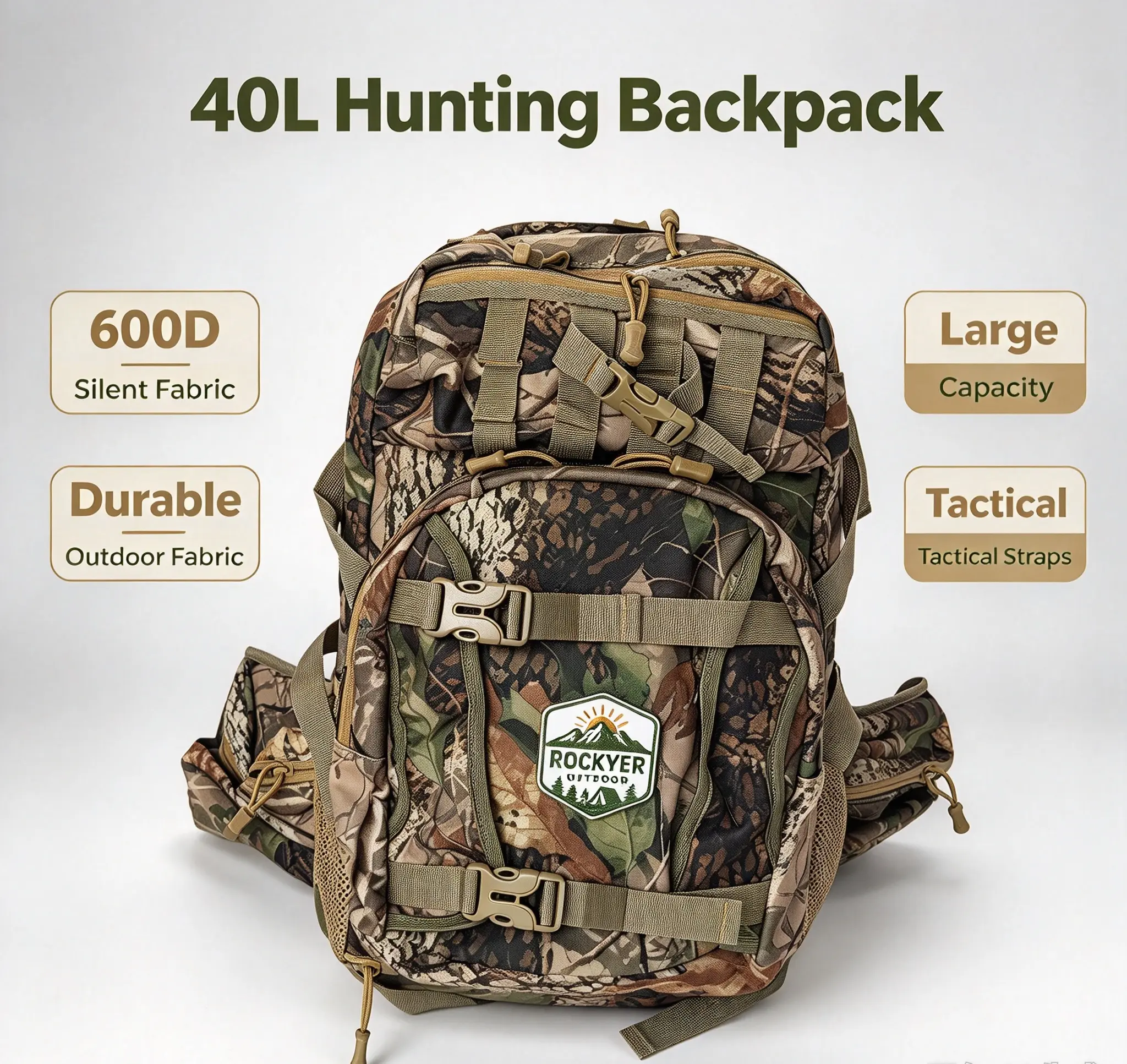 Unisex 40L Camouflage Hunting Backpack, 600D Quiet Silent Fabric Hunting Pack, Adjustable Shoulder & Compression Straps, MOLLE Webbing, Large Capacity Storage, Silent Material for Woodland Hunt, Camo Outdoor Rucksack for Backcountry Hunting & Wildlife