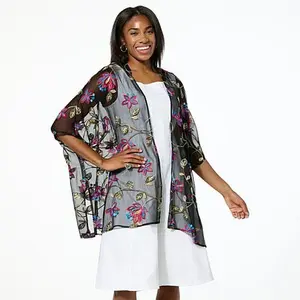 Nina Leonard Embroidered Novelty Chiffon Kimono