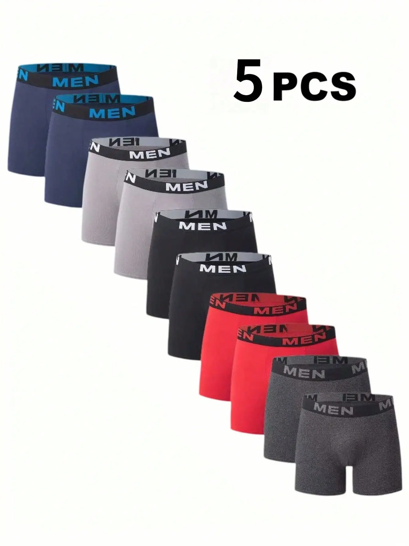 Plain Athletic Men's Boxer Briefs 5 Pack, Breathable Multi-Color Daily Activewear with Elastic Waistband, Menswear, Multicolor, Sportswear, Mid Waist, Casual, Fashion