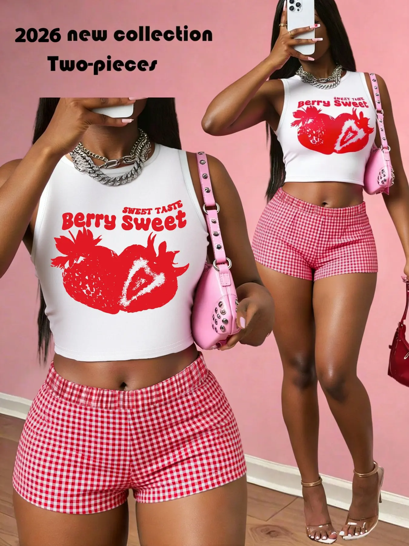 Women's Strawberry Print Graphic Sleeveless Cami Crop Top and Checkered Plaid Shorts Set, Printed, Summer Beach, Beachwear, Casual Holiday, Party Wear and Fitted, Matching Set Outfit