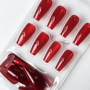 Wine Red Press On Medium Coffin False Nails Shiny Acrylic Gradient Design Full Cover Stick On For Women's Christmas & Valentine's Day Manicure 24Pcs ABS Acrylic Fake Nails