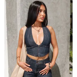 Casual Allure Denim Halter Zip-Front Crop Top