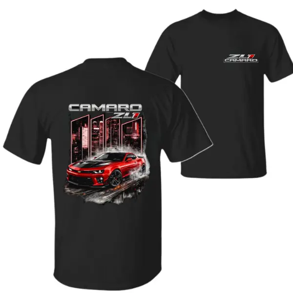 Camaro ZL1 Red Muscle Car T-Shirt – Aggressive Red Camaro ZL1 Graphic Tee with City Night Background, Perfect for Chevrolet & ZL1 Enthusiasts.