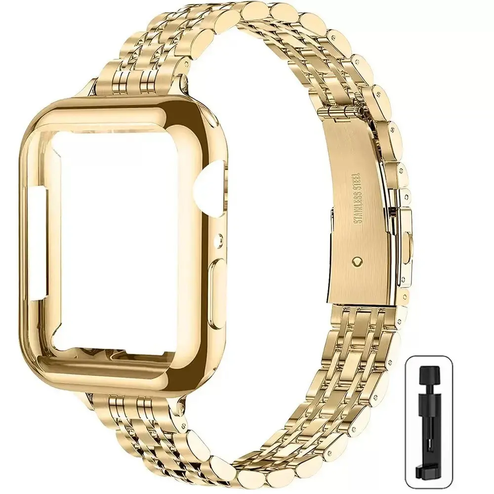 1-piece Women Stainless Steel Golden Strap+Golden Case, Smart Watch Strap, Smartwatch Strap, Compatible with Apple Watch Series S10 38mm,40mm,41mm,42mm,44mm,45mm,49mm, for iWatch Ultra1/2/3 Series S10 S11 SE Includes Tool & Accessories Watch Straps