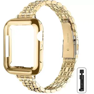 1-piece Women Stainless Steel Golden Strap+Golden Case, Smart Watch Strap, Compatible with Apple Watch Series S10 38mm,40mm,41mm,42mm,44mm,45mm,49mm, for iWatch Ultra1/2/3 Series S10 S11 SE Includes Tool & Accessories Watch Straps