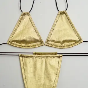 IVHONEY Gold Micro Kini Set Triangle Top Multiwear Sexy Bikini in color gold with Handmade Elevate Your Style Black Stitching