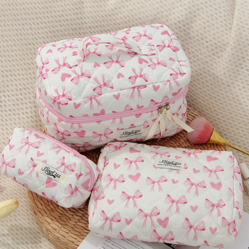 Bow Pattern Makeup Bag Set, Cute Cosmetic Bag, Large Capacity Travel Toiletry Organizer Bag, Zipper Makeup Organizer Pouch, Makeup Storage Bag, Makeup Organiser, Cosmetic Toiletry Bags