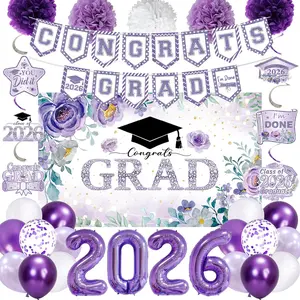 Holkcog 2026 Graduation Decorations, Purple Class of 2026 Congrats Graduation Floral Backdrop, Balloons, Paper Pompoms for Graduation Party Decorations, Ou