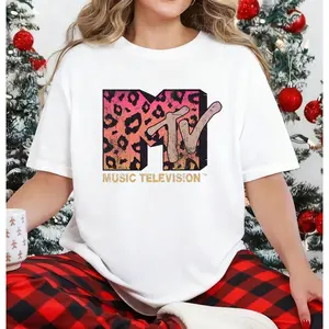 100 Percent Cotton Casual Fashion T-Shirt MTV Leopard Print Gradient Logo T-shirt, Music Television MTV Logo Tee, Retro 80s 90s Style MTV Matching Tee, Family Matching Tee