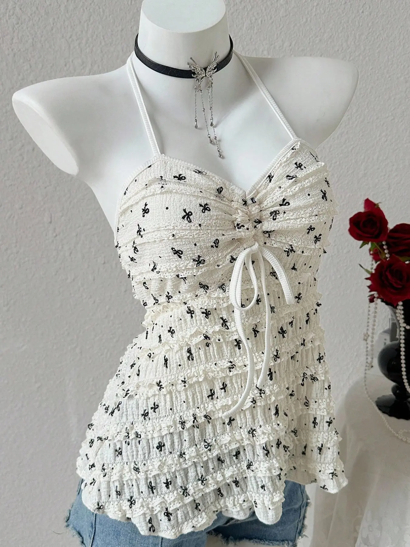 Summer New Cute Strapless Halter Vest Womenswear Women Fashion Boho Bohemian Vacation Sexy Butterfly Print Adjustable Drawstring Backless Shoulder Top Fit