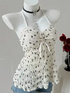 Summer New Cute Strapless Halter Vest Women Fashion Vacation Sexy Butterfly Print Drawstring Backless Shoulder Top