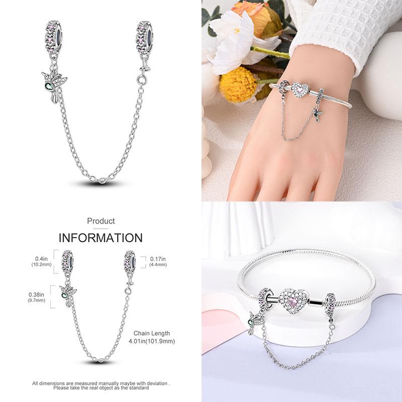 925 Silver Color Butterfly Flower Key Lock Safety Chain Fit Charms For Pandora Original Bracelets DIY Jewelry Making For Women Gift