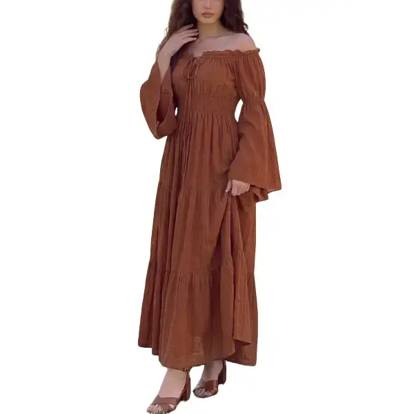 Women's Boho Off-Shoulder Medieval Renaissance Faire Maxi Dress - Cottagecore Fall Casual Outfit Gift