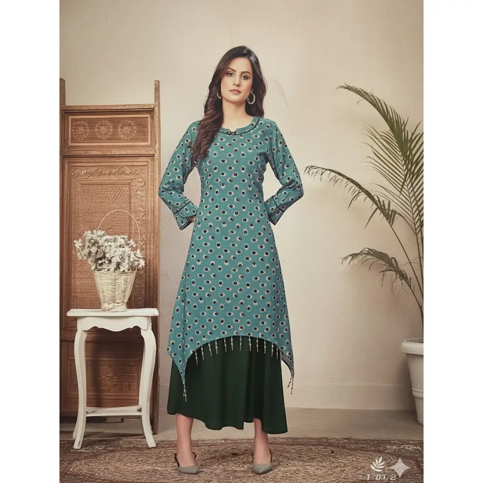 #DOT-1 Teal Layered Kurti Dress with Tassel Hem