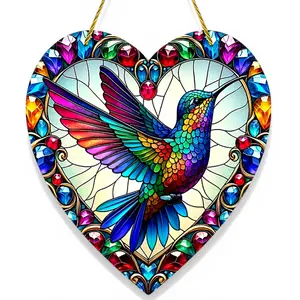 8” Hummingbird Heart Faux Stained Glass Suncatcher - Lightweight Gothic Animal-Shaped Art-Themed Hanging Decor, Window Balcony Home Decor Gift