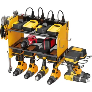 Modular Power Tool Organizer Wall Mount  Station, Yellow 6 Drills Holder with 8 Plug Power Strip, Garage Drill  Heavy Duty Metal Shelf, Utility Rack with Hooks, Side Storage.