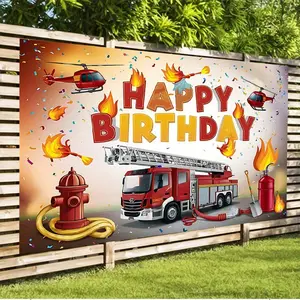 Fire Truck Birthday Backdrop Banner, 1pc Reusable Polyester Decoration with Colorful Print, 51x46cm Large Photo Prop for Indoor-Outdoor Birthday Parties & Festive Events, Outdoor Banners
