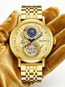 Men's Gold Dragon Watch, Classic Tourbillon Automatic Mechanical Watch, Diamond-Encrusted, Luminescent Hands, Stainless Steel Strap, Elegant Wristwatch
