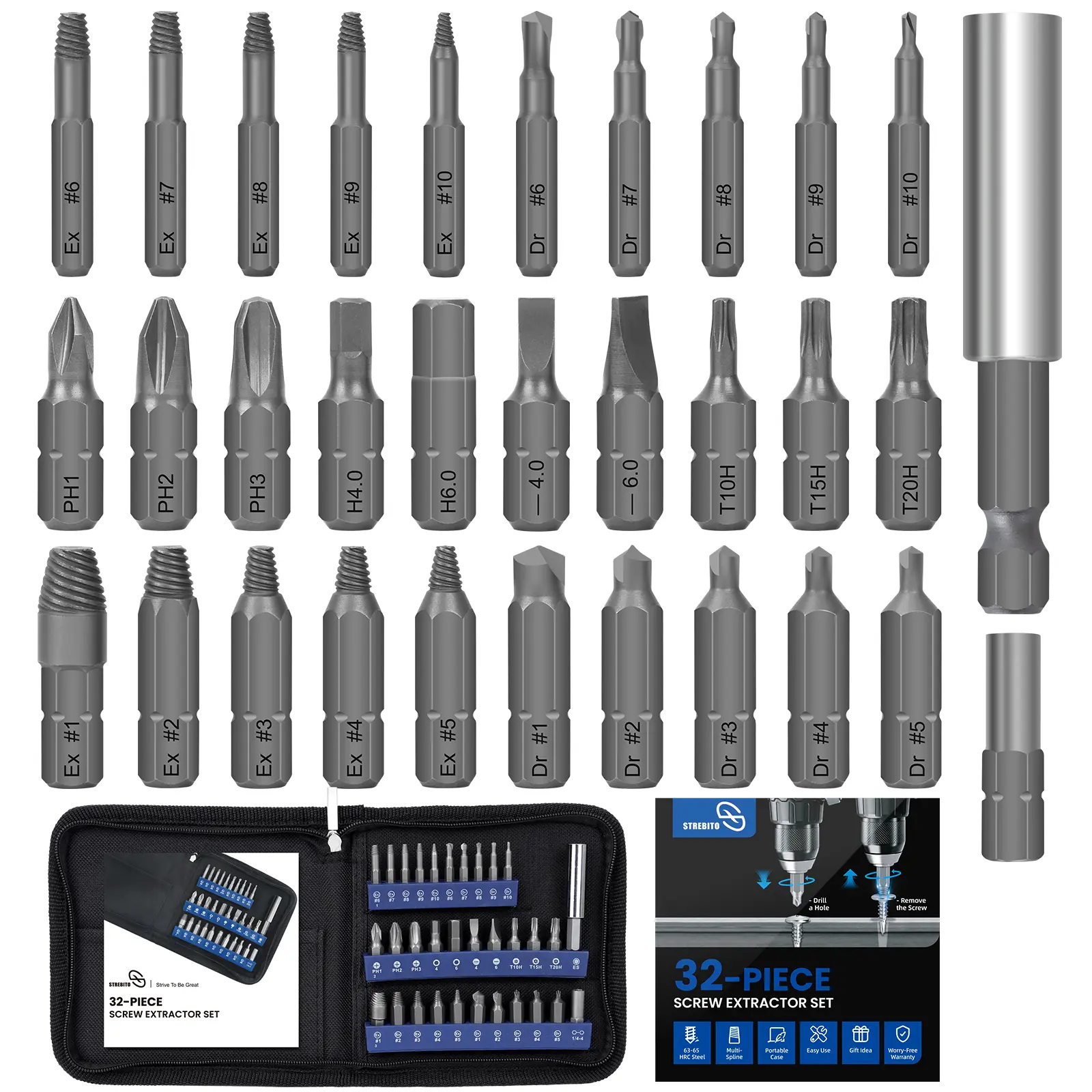 Damaged Screw Extractor Set, 32 PCS High-Efficiency Stripped Screw Extractor with Magnetic Extension Shaft & Socket Adapter, Stripped Screw Removal Tool Kit for Removing Stripped Broken Bolt