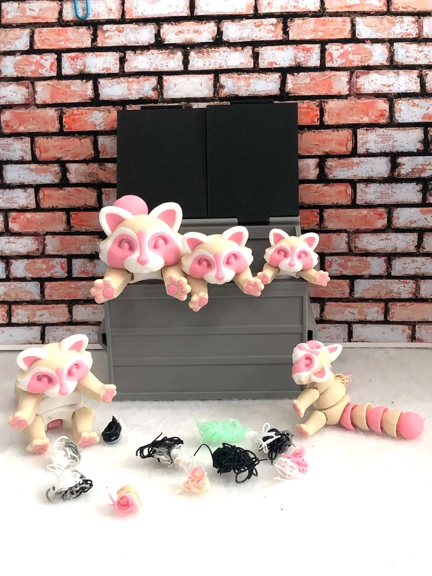 Dumpster Raccoon, 3D Printed Articulated Racoon, Strawberry Milk Trash Panda with Optional Dumpster, Articulated Raccoon Fidget Toy Raccoon