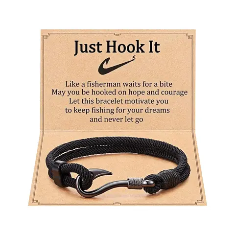 OIDEA Male Nautical Tarnish-Free Stainless Steel Fish Hook Bracelet - 8.27in Chain, 1.42in Hook, Nylon Cord Fashion Jewelry, Birthday Gift, Includes Message Card