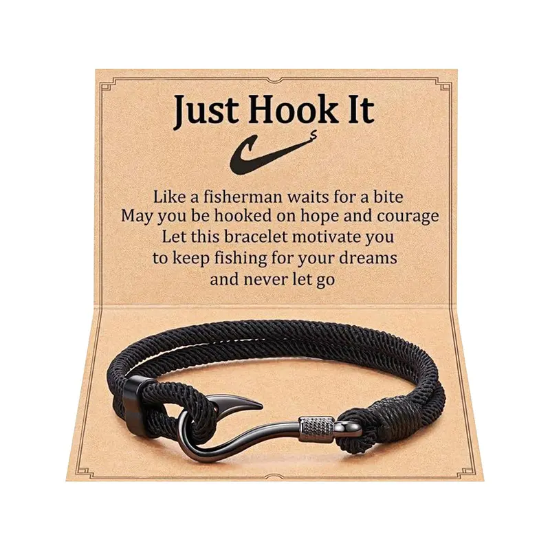OIDEA Male Nautical Tarnish-Free Stainless Steel Fish Hook Bracelet - 8.27in Chain, 1.42in Hook, Nylon Cord Fashion Jewelry, Birthday Gift, Includes Message Card