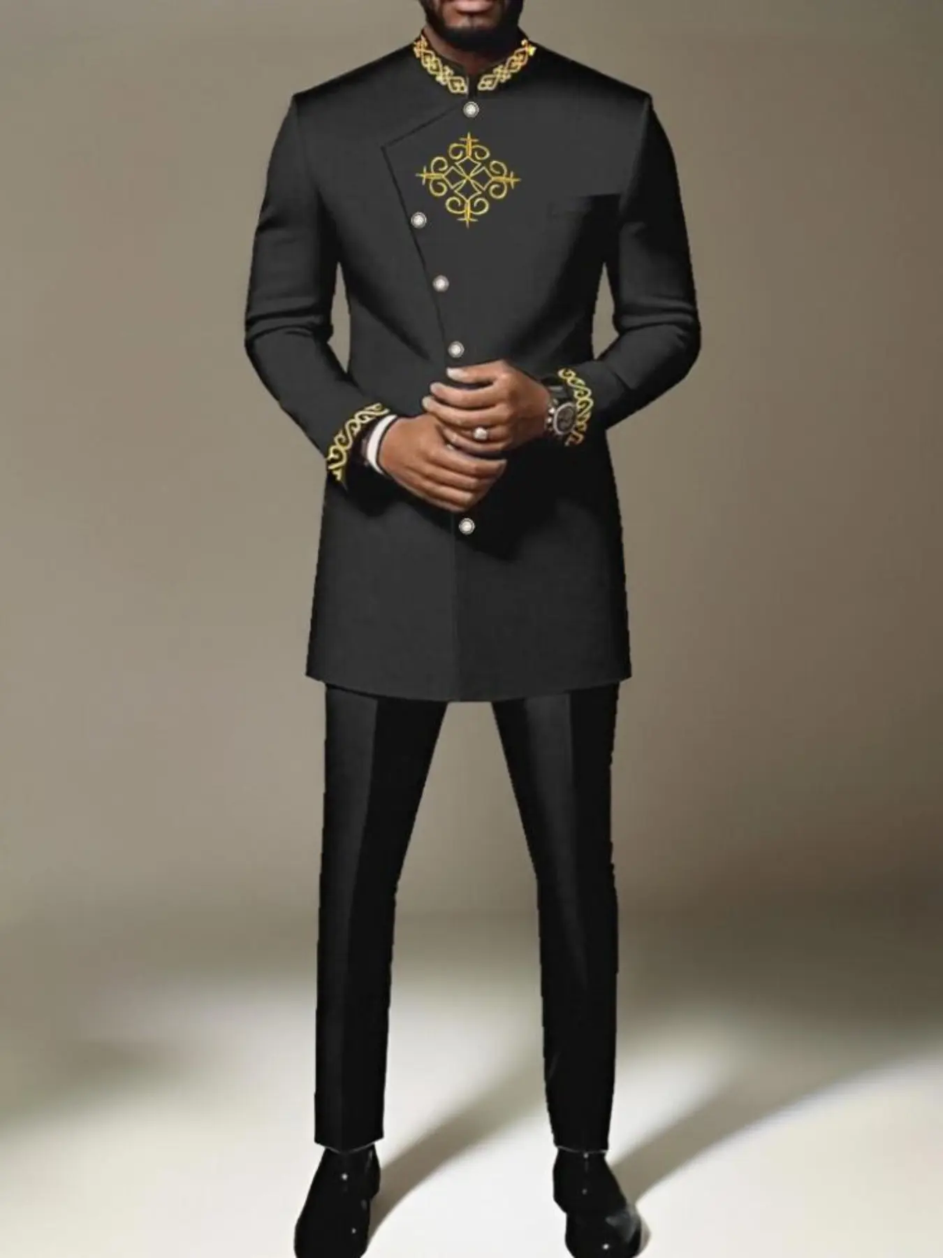 Men's Embroidered Two-Piece Suit, Formal, Stand Collar Long Sleeve Buttoned Shirt and Drawstring Waist Pants, Perfect for Office, Weddings, and Parties, Shirt Pants Set