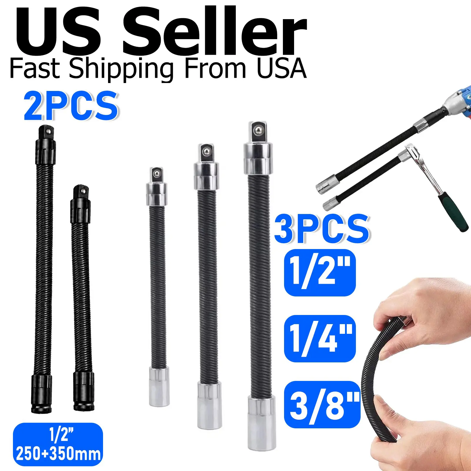 Flexible Steel Multi-Size Socket Wrench Extension, 1/4"-3/8"-1/2" Drive Impact Accessory for Wrench Extension Tool Kits, Hand Tool Kit Component