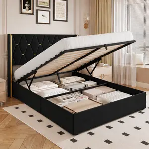 SA-Garvee Full to Queen Size Lift Up Storage Bed Frame with Gold Wingback Headboard, Velvet Upholstered Bed Frame with Diamond Tufted Design & Gold Trim, Hydraulic Support, No Box Spring Needed