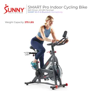 Sunny Health & Fitness SMART Pro Indoor Cycling Bike, 40 lbs Flywheel, Bluetooth Connectivity, 275 lbs Capacity, Adjustable Resistance, Performance Monitor, Dumbbell & Bottle Holders