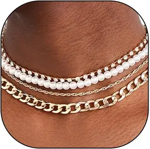 Layered Pearl Cuban Chain Choker Necklace, Trendy Boho Country Concert Necklace Set, Punk Hip Hop Statement Beaded Outfits Jewelry for Women