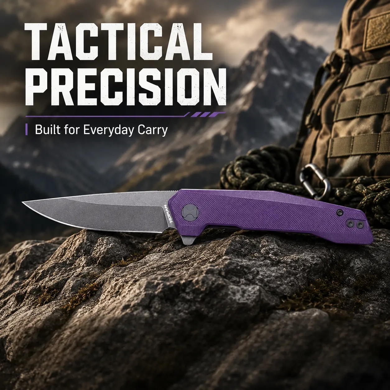 HOPIAN VEX Pocket Knife, 3.35" Straight Edge D2 Steel Blade, Purple Grid G10 Handle, Ambidextrous Deep Carry Folder for Outdoor Whittling, Camping, and Peeling, Collectibles