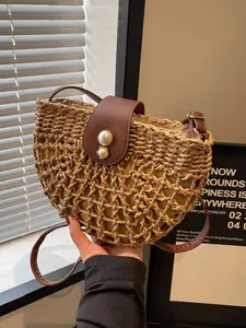 Women's Hollow Out Large Capacity Woven Bag, Wooden Handle, Essential Beach Accessory, Fashionable Versatile Elegant Summer Straw Bag