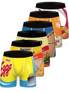 6-Pack Cartoon Digital Print Men's Elastic Waist Fitted Boxers, Stretchy Boxer Pants, Breathable Comfortable Mood Value Underwear, Stylish Casual Shorts for Everyday Wear