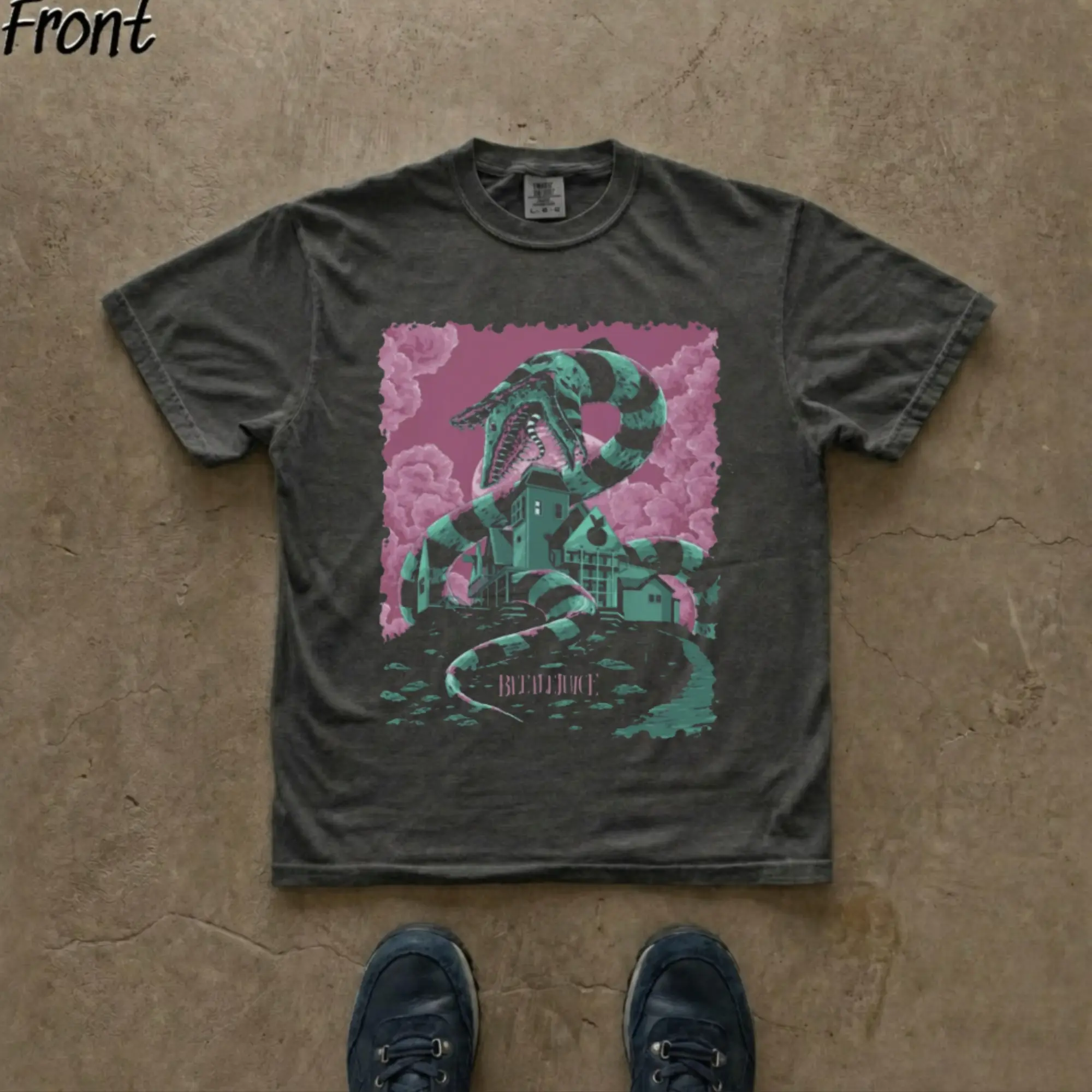 Vintage Beetlejuice Sandworm Haunted House T-Shirt - Retro Tim Burton Fantasy Horror Graphic Tee, Neon Green Stripe Snake Monster Shirt, Movie Fan Shirt, Fitted Shortleeve T-Shirt, Men's Black Round Neck Menswear, Gift for Men