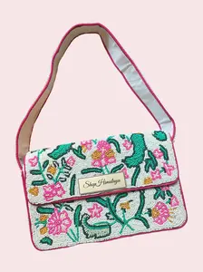 Handmade Floral Beaded Shoulder Bag White Pink Green Purse