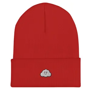 No Clouded Cuffed Beanie - Red Beanie with Button Closure and Decorative Patch