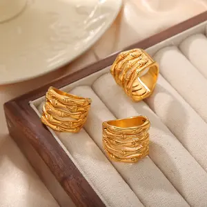 Unique Bamboo-Texture Gold Ring Set: Earthy Retro Statement Accessories