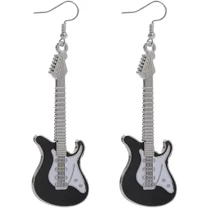 Fashion Punk Metal Black White Music Bass Electric Guitar Dangle Drop Earrings for Women Girls Chic Rock Music Lovers Teacher Singer Hypoallergenic Personalized Concert Jewelry Gifts
