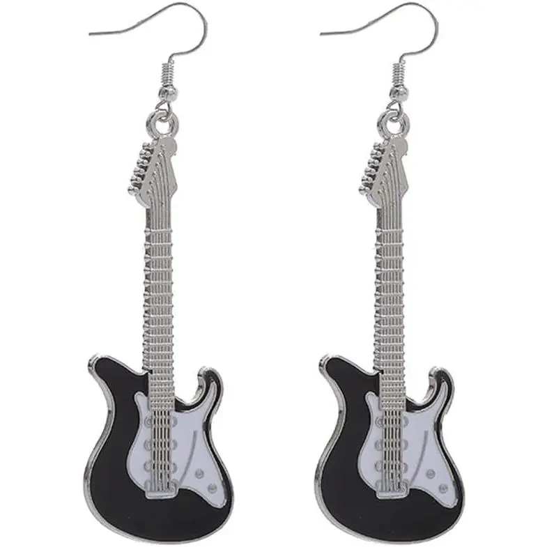 Electric Guitar Dangle Earrings for Women, Black and White Punk Rock Metal Jewelry, Hypoallergenic 2.56" Drop, Gift for Guitar Players & Music Lovers, Music Lover Gift, 65Mm/2.56 Inches, Drop Earrings, Female, Hook Earrings